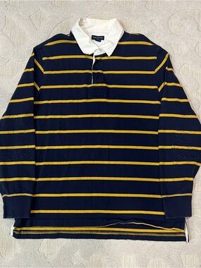 Lands End Rugby Polo XL Blue Yellow Stripe Long Sleeve Vintage Elbow Patches